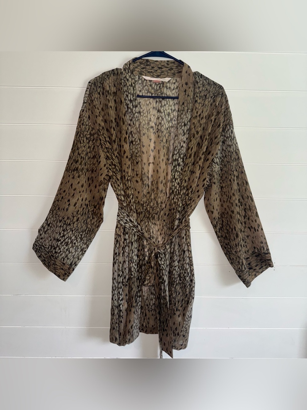 Victoria's Secret Vintage Chiffon Robe Olive Brown Leopard Sheer Duster OS